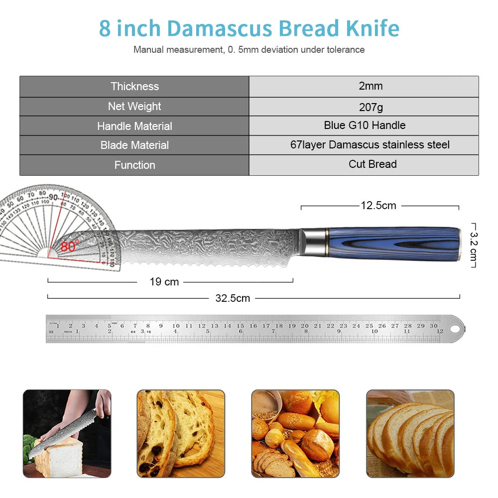 XITUO 8" Damascus Serrated Bread Knife – Sharp, Ergonomic Serrated Bread Knife Qst