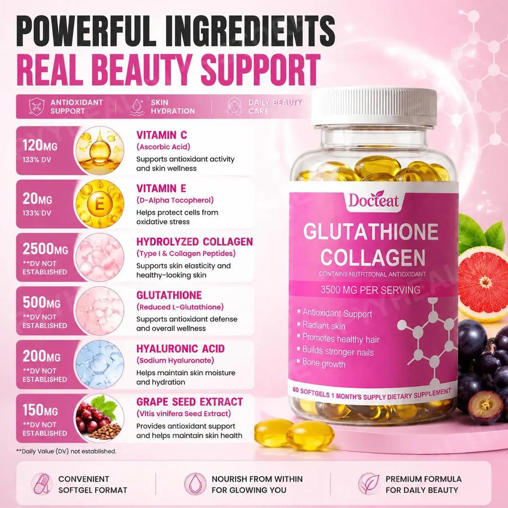Glutathione Collagen Softgels – Vitamin C, E & Hyaluronic Acid 60ct Beauty Supplement Softgels Qst