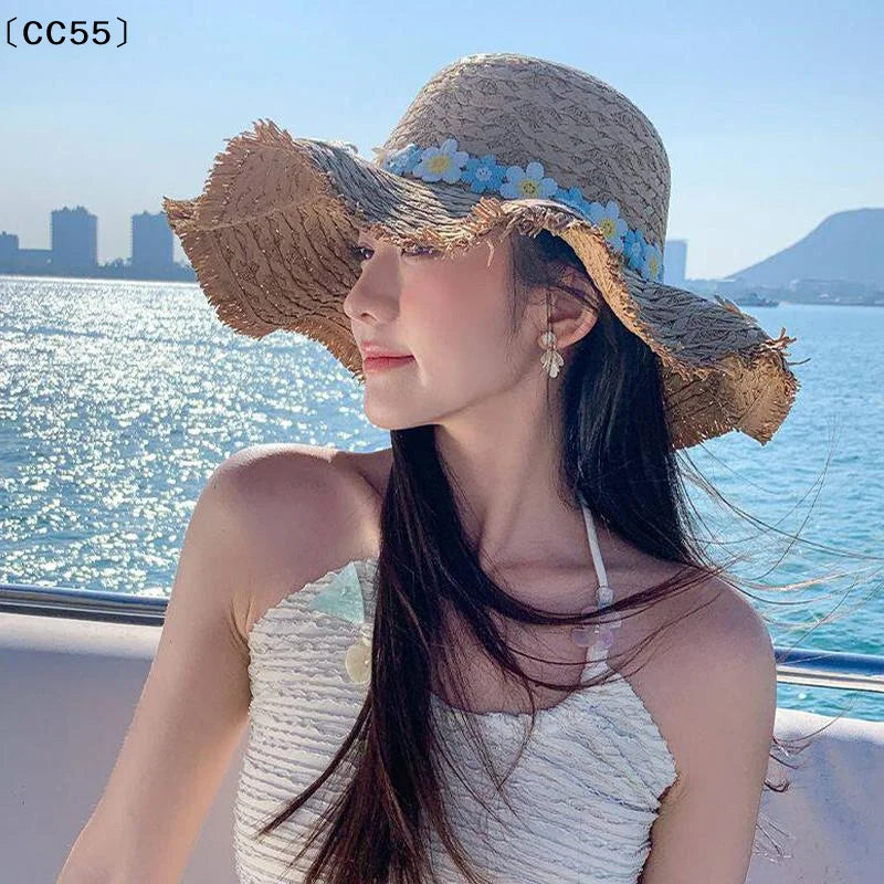 Women's Wide Brim Raffia Straw Sun Hat – Rolled Brim Beach Hat Straw Sun Hat Qst