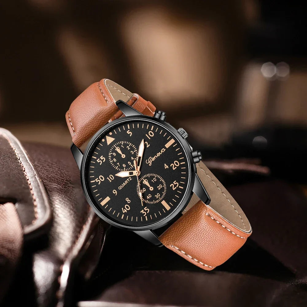 Geneva Men's Leather Strap Quartz Watch – Three-Eye Dial Men's Quartz Watch Qme