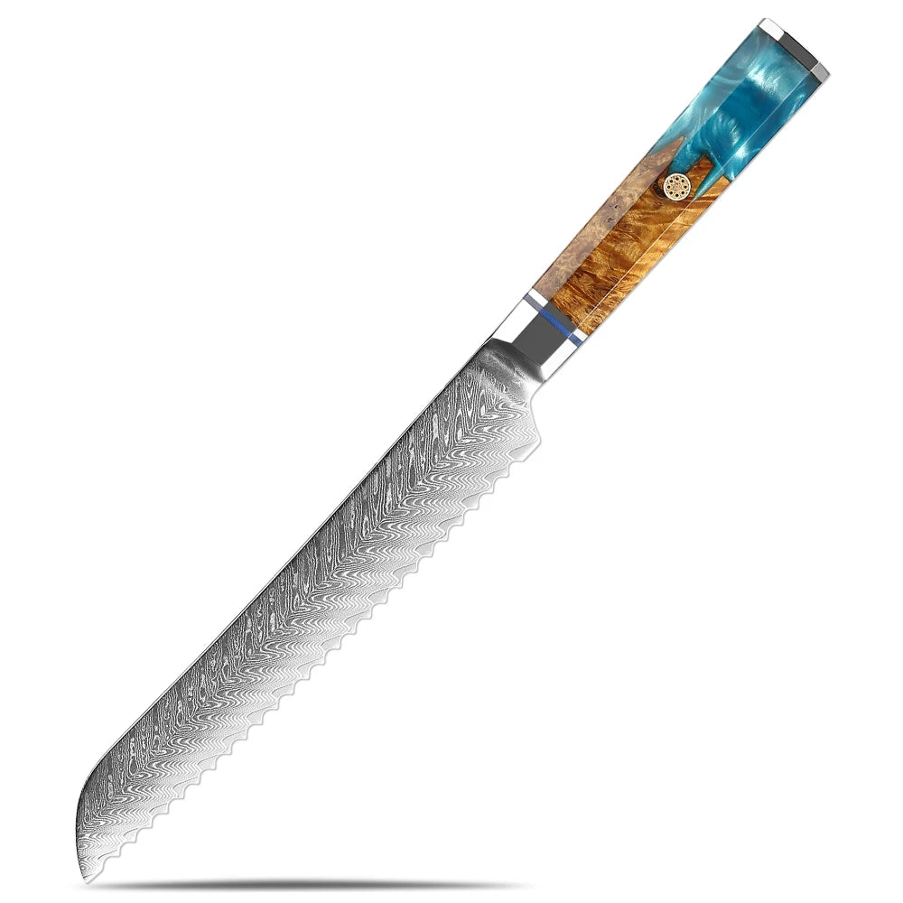 XITUO Damascus Steel Kitchen Knife Set – Blue Resin Handle Kitchen Knife Set Qst Bread Knife