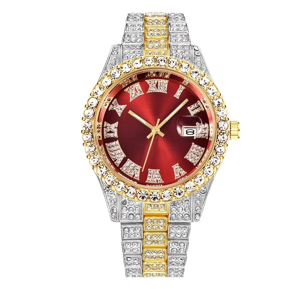 Men's Hip Hop Retro Quartz Watch | Oversized Rhinestone Dial Retro Quartz Watch Qme Red
