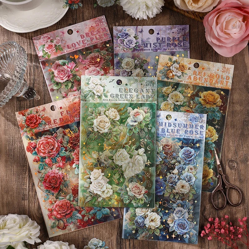 Large Aesthetic Flower PET Stickers – DIY Scrapbooking 4-Pack Decorative Stickers Qme