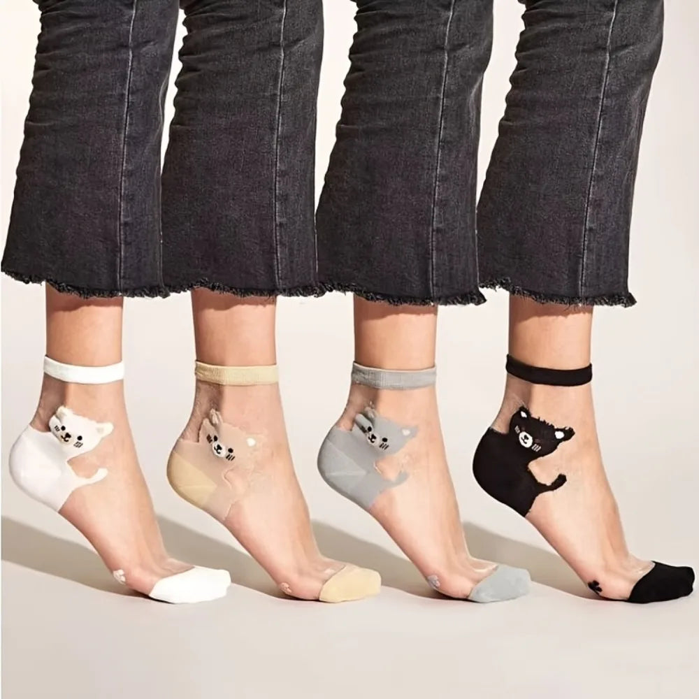 Women's Bear Pattern Sheer Crystal Silk Ankle Socks Sheer Novelty Socks Qme