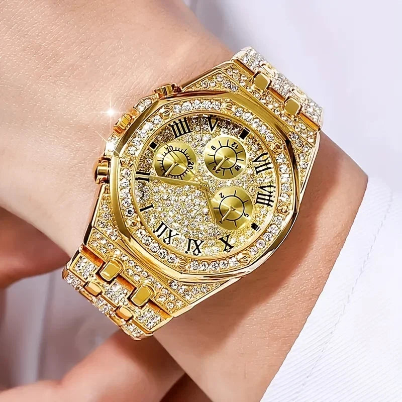 Gold Plated Diamond Chronograph Watch & Cuban Link Bracelet Set Watch & Bracelet Set Qme