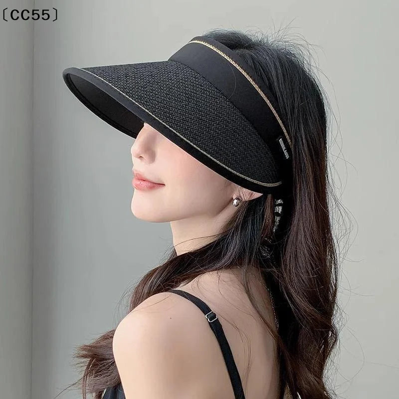 Women's Foldable Straw Visor Open Top UV Beach Sun Hat Straw Sun Visor Qst