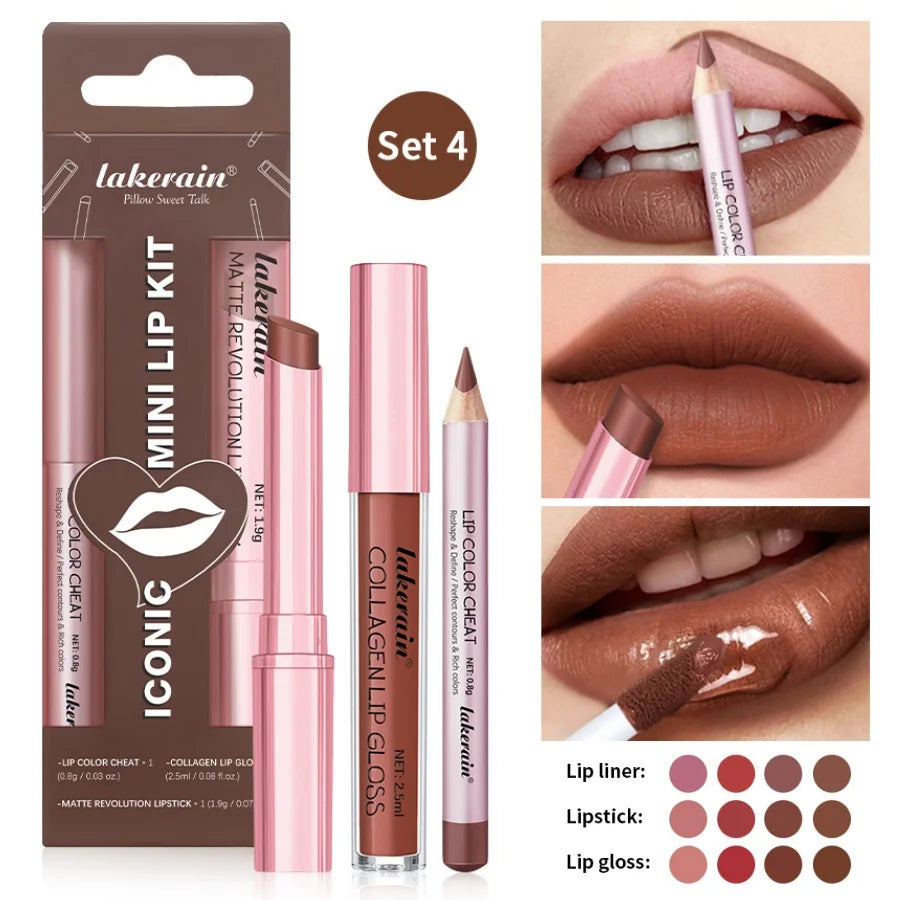 Iconic Mini Lip Kit – Waterproof Lipstick & Gloss 3pc Set Lip Makeup Set Qst