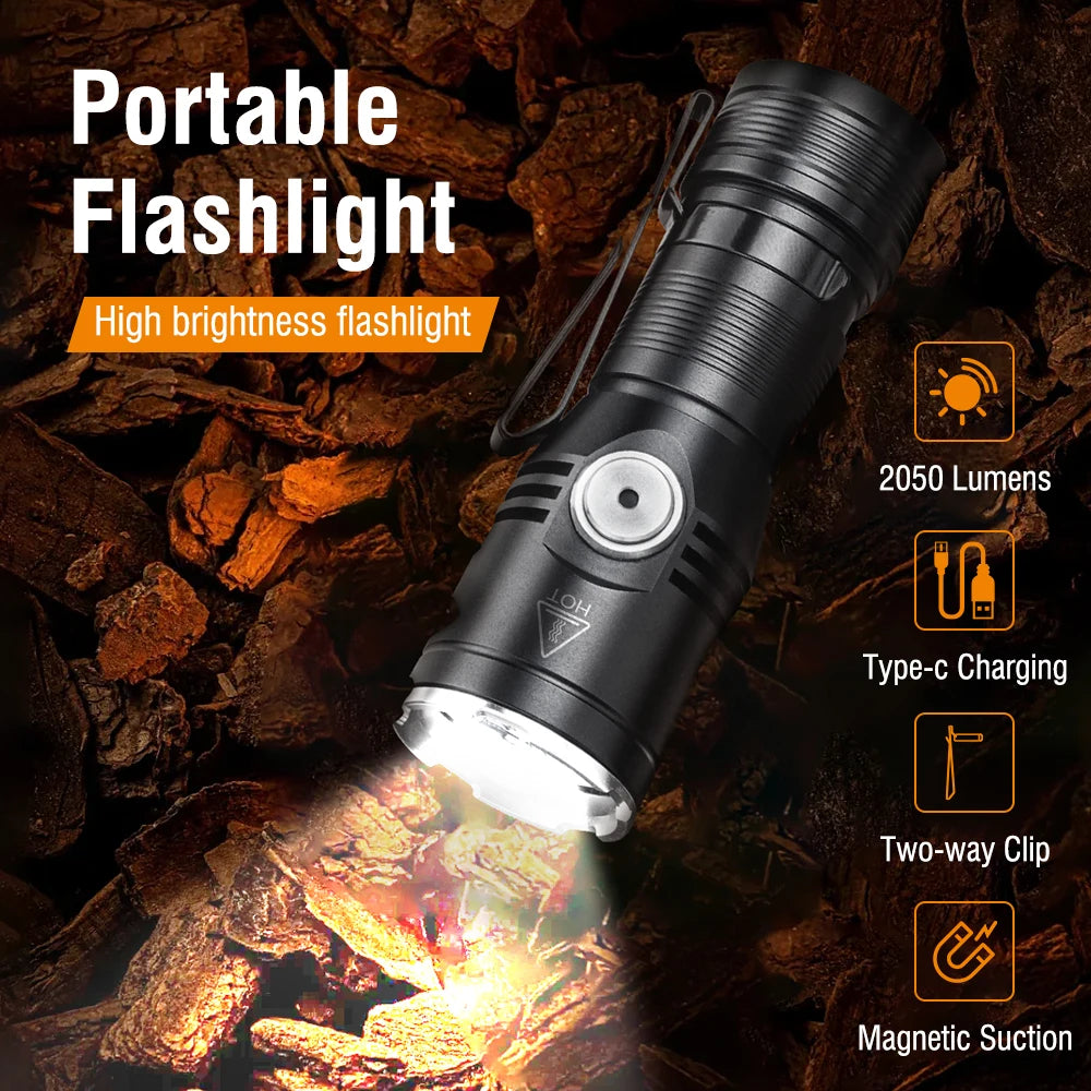BORUiT 2000LM USB-C Rechargeable LED Flashlight IP67 LED Flashlight Qst
