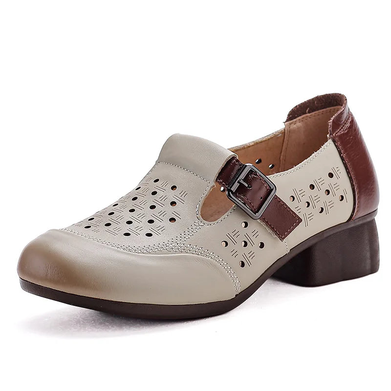 Women's Vintage Buckle Sandals – Genuine Leather Low Heel Buckle Heeled Sandals Qst Beige 41