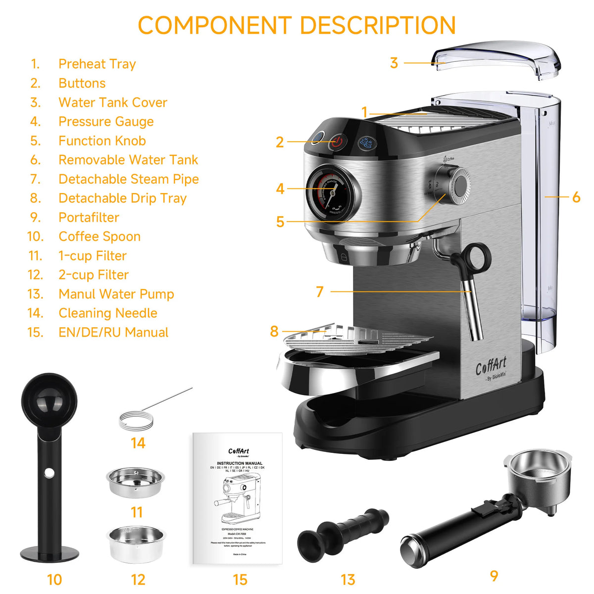 HAOYUNMA 20 Bar Espresso Machine – Pressure Gauge & Steam Wand Espresso Machine Qst