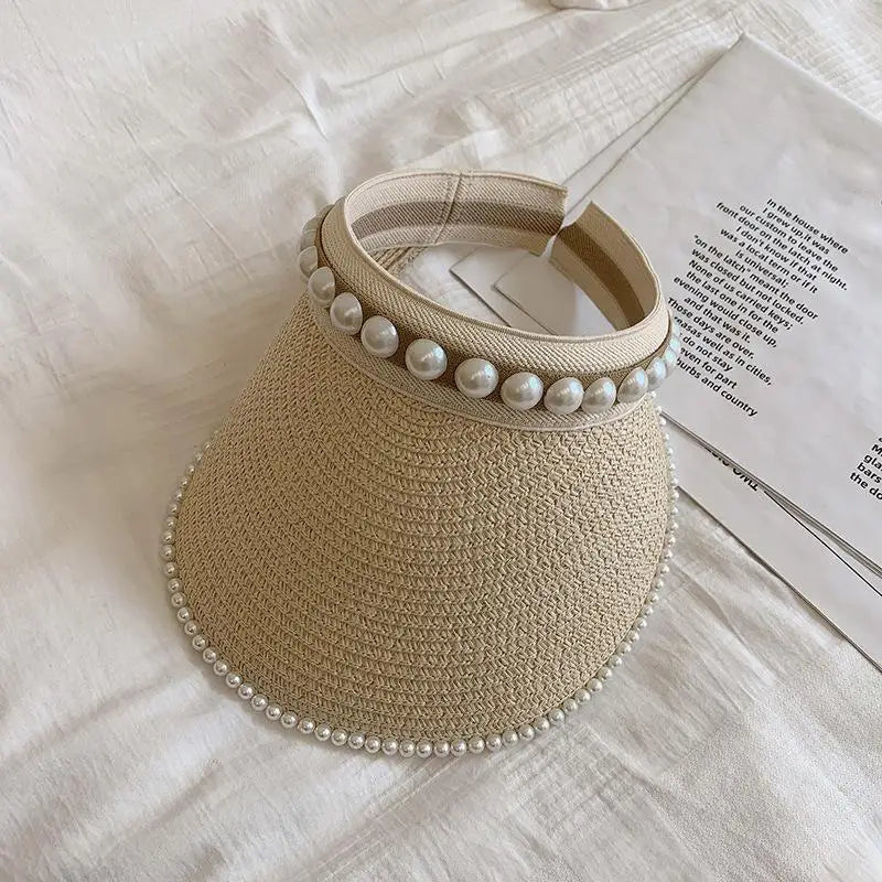 Women's Pearl Raffia Straw Open Top Beach Sun Hat Straw Sun Hat Qst Apricot one size