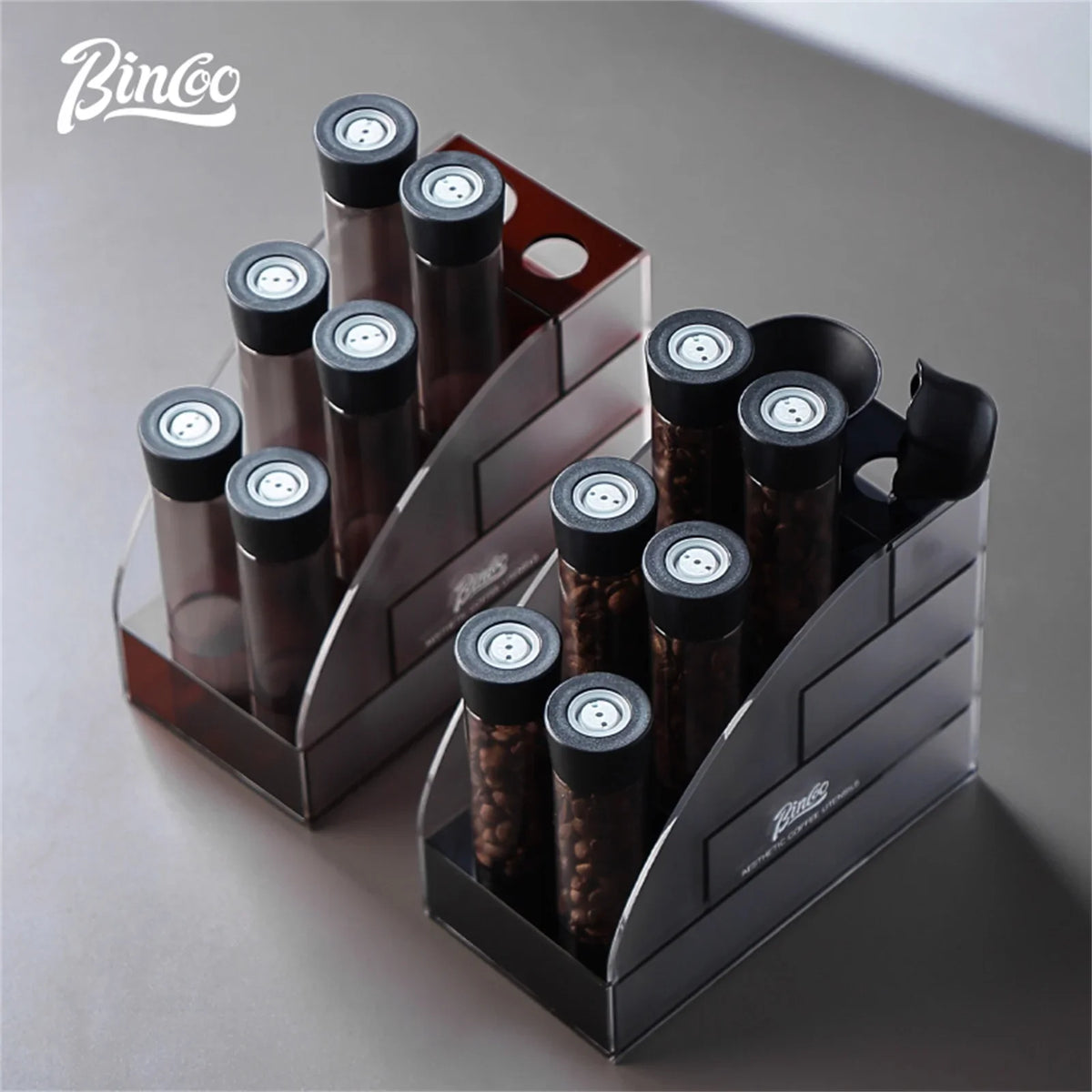 BINCOO Single Dose Coffee Bean Storage Tubes – 6-Tube Shelf Set Coffee Bean Storage Set Qst