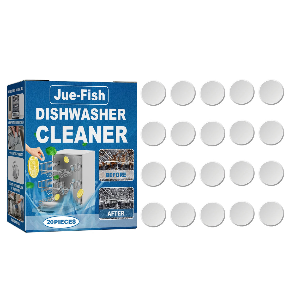Jue-Fish Dishwasher Cleaning Tablets 20pcs – Deep Clean Dishwasher Cleaner Tablets Qst 20pcs boxed