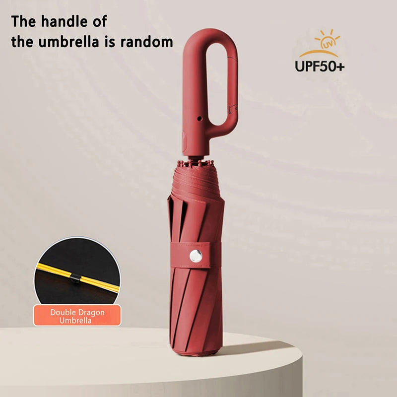 10-Bone Auto Folding Umbrella – Extra Large Sun & Rain Parasol Folding Parasol Umbrella Qst Burgundy 10K Iron