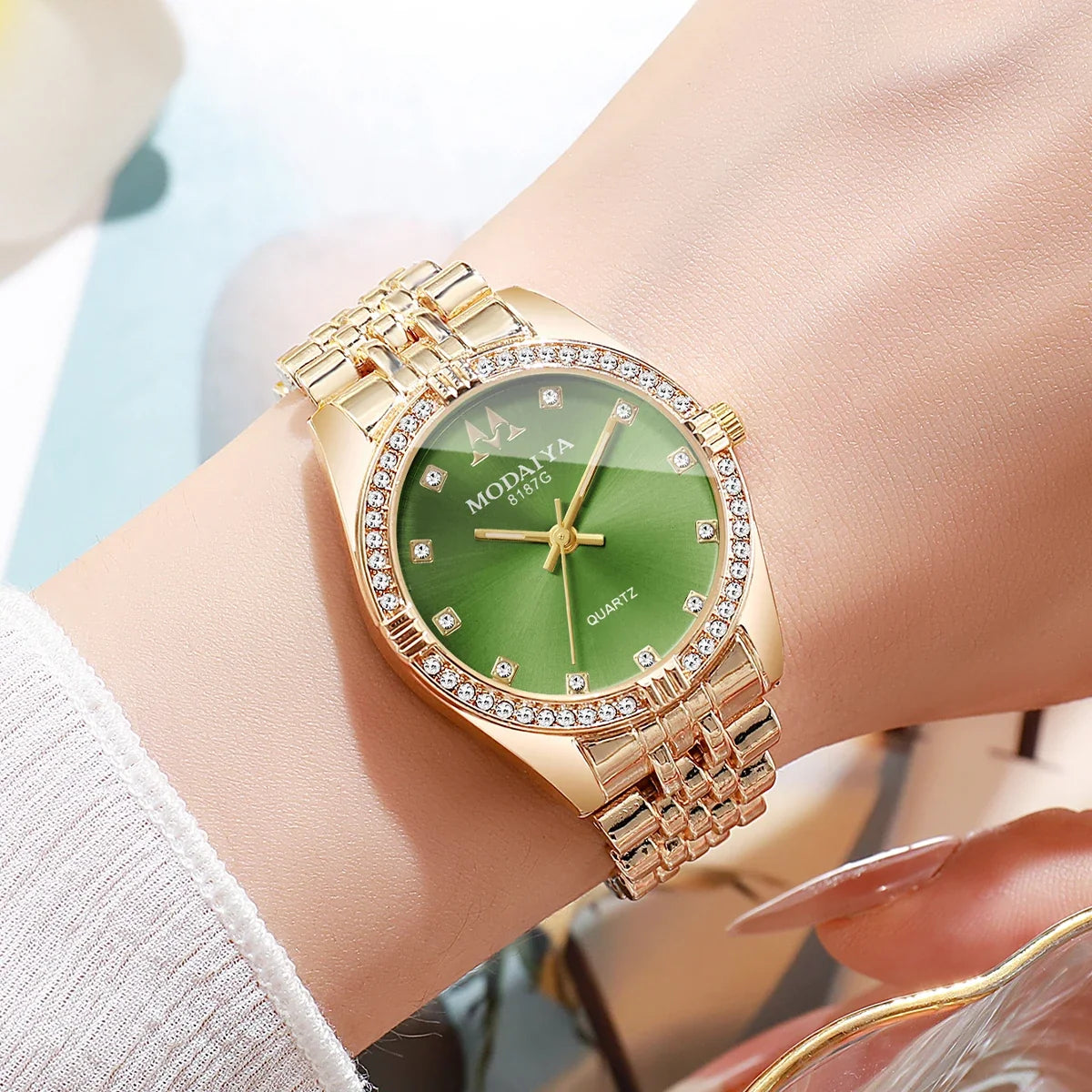 Women's Crystal Watch Rose Gold Tone Green Dial | Everyday Women's Fashion Watch Qme
