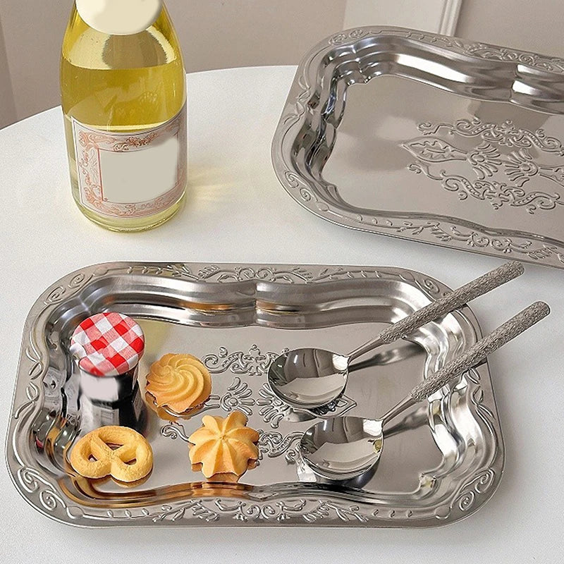Stainless Steel Rectangular Tray – Embossed Vintage Design Serving Tray Qme