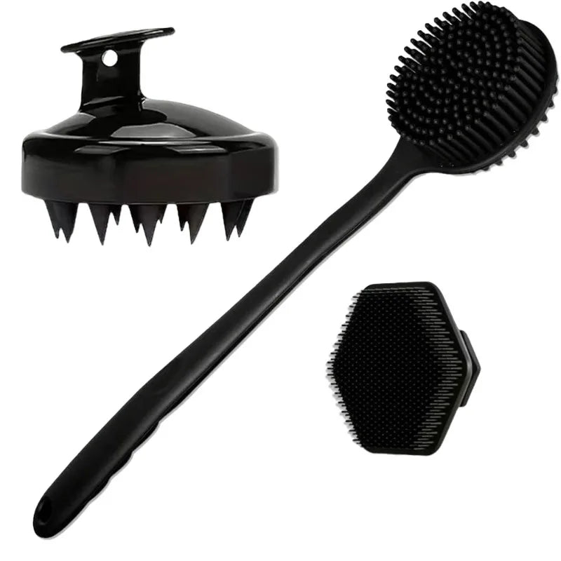 Long Handle Bath Brush – Scalp Massager & Exfoliating Brush Scalp Massage Brush Qme Black 3pcs kit