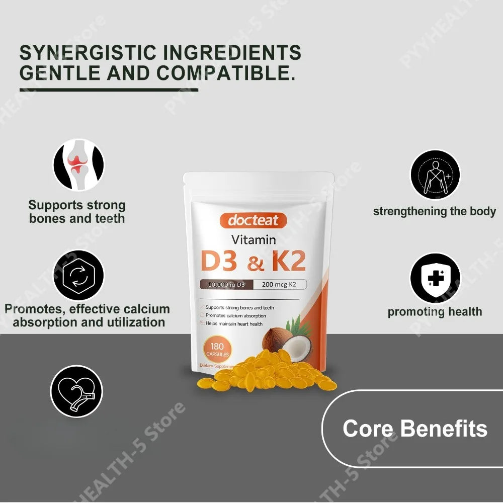 Vitamin D3 K2 Softgels 10,000 IU 200mcg – 180 Capsules | Docteat Vitamin Supplement Qst