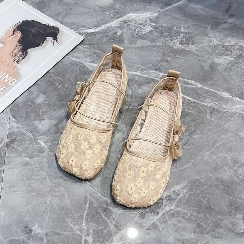 Women's Lace Embroidered Mesh Mary Jane Flats | Slip-On Loafers Women's Flat Loafers Qst Khaki 39