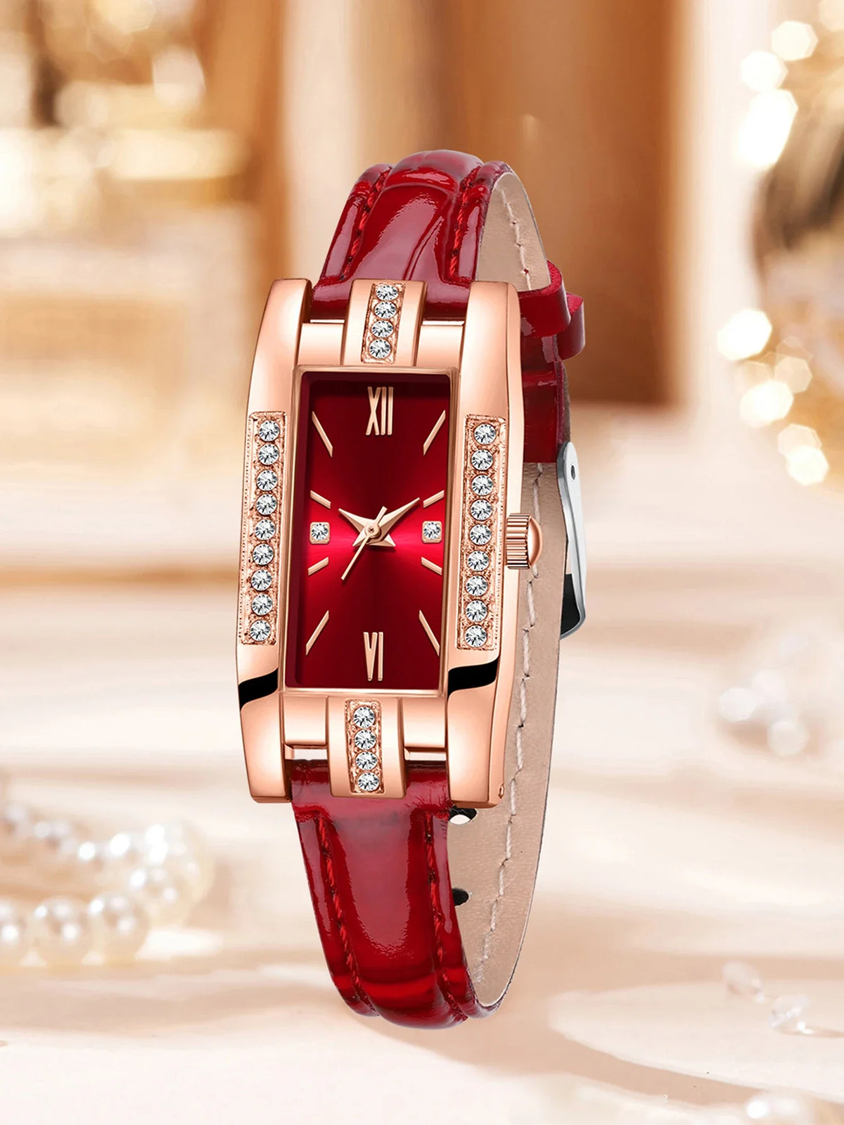 Rose Gold Diamond Encrusted Rectangular Women's Leather Watch Women's Fashion Watch Qme