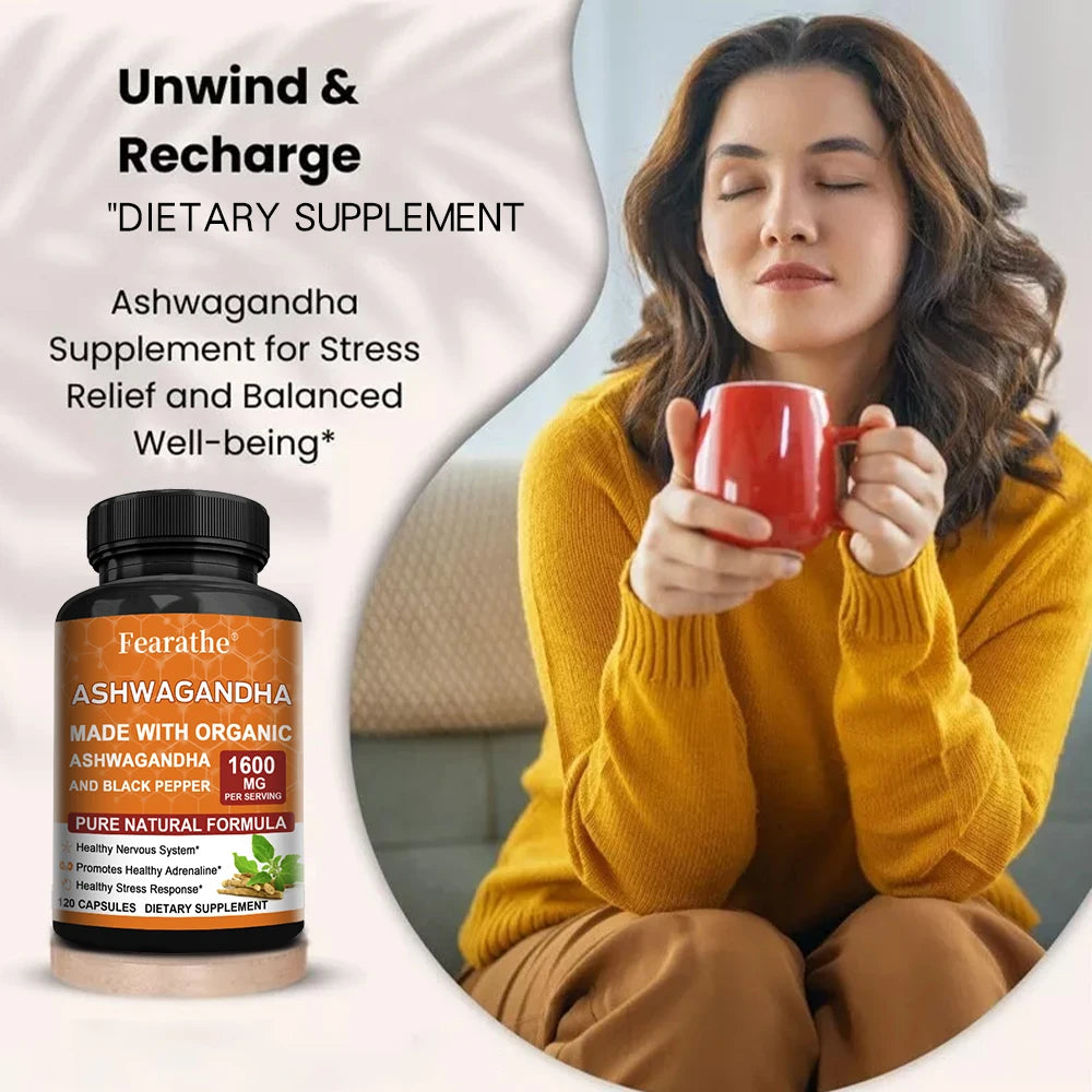 Organic Ashwagandha 1600mg Capsules with Black Pepper – Vegan Herbal Supplement Qst