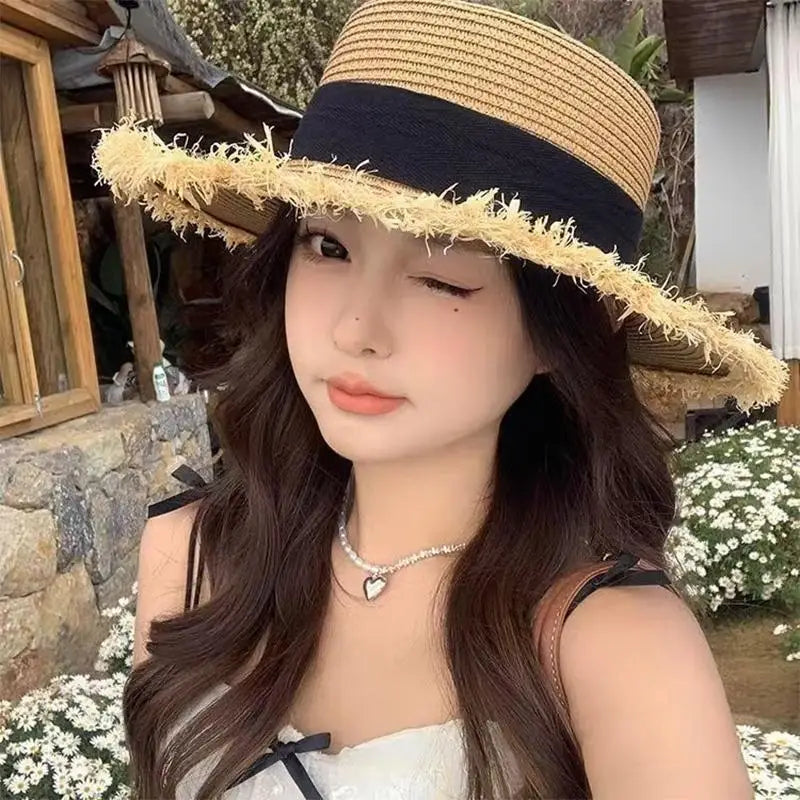 French Flat Top Straw Hat – Women's Beach & Travel Sun Hat Straw Sun Hat Qst A5