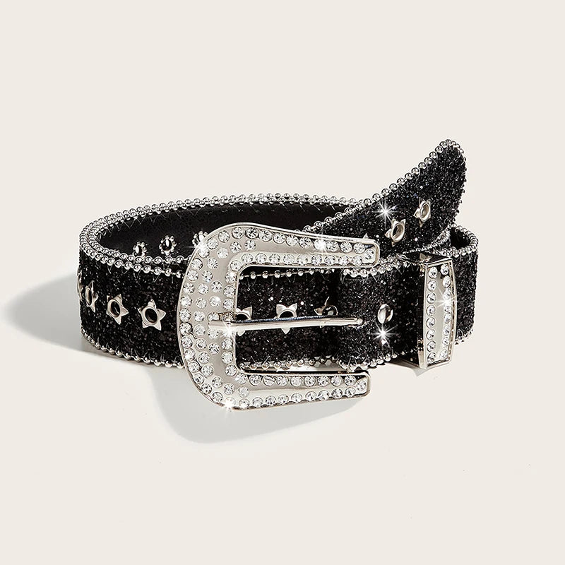 Rhinestone Buckle Belt – Punk Gothic PU Leather Waist Strap Fashion Belt Qst Black