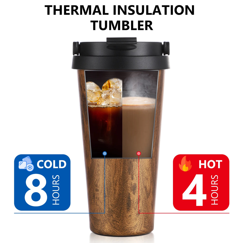 Bincoo 500ml Retro Woodgrain Travel Mug – Insulated Thermos Travel Mug Thermos Qst