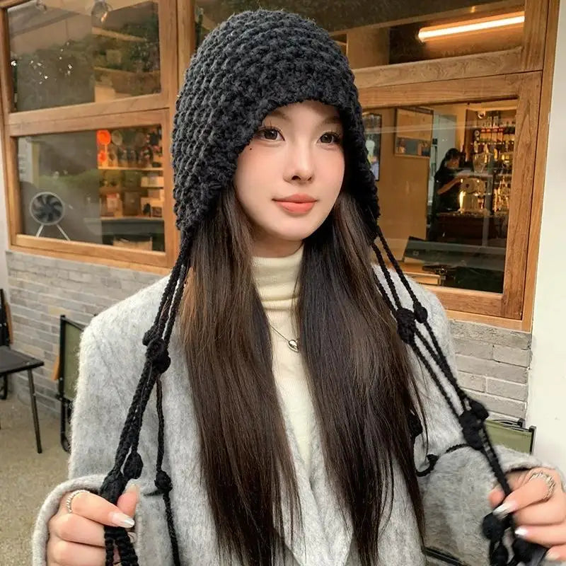 Women's Winter Knitted Tassel Beanie with Ear Cover Knitted Winter Beanie Qst