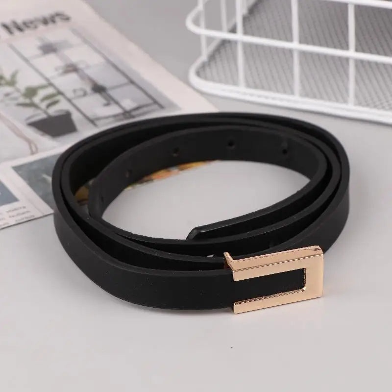 Women's Thin PU Leather Belt – Metal Buckle Waistband Leather Waist Belt Qst Gold