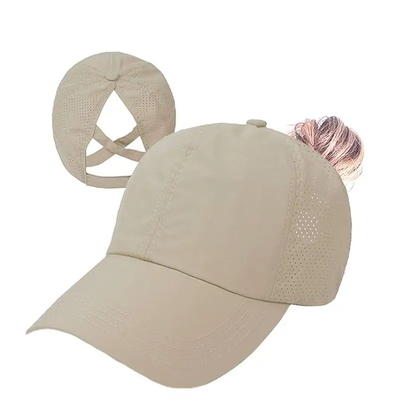Women's Cross-Mesh Ponytail Baseball Cap – Breathable Sun Hat Ponytail Baseball Cap Qst Khaki