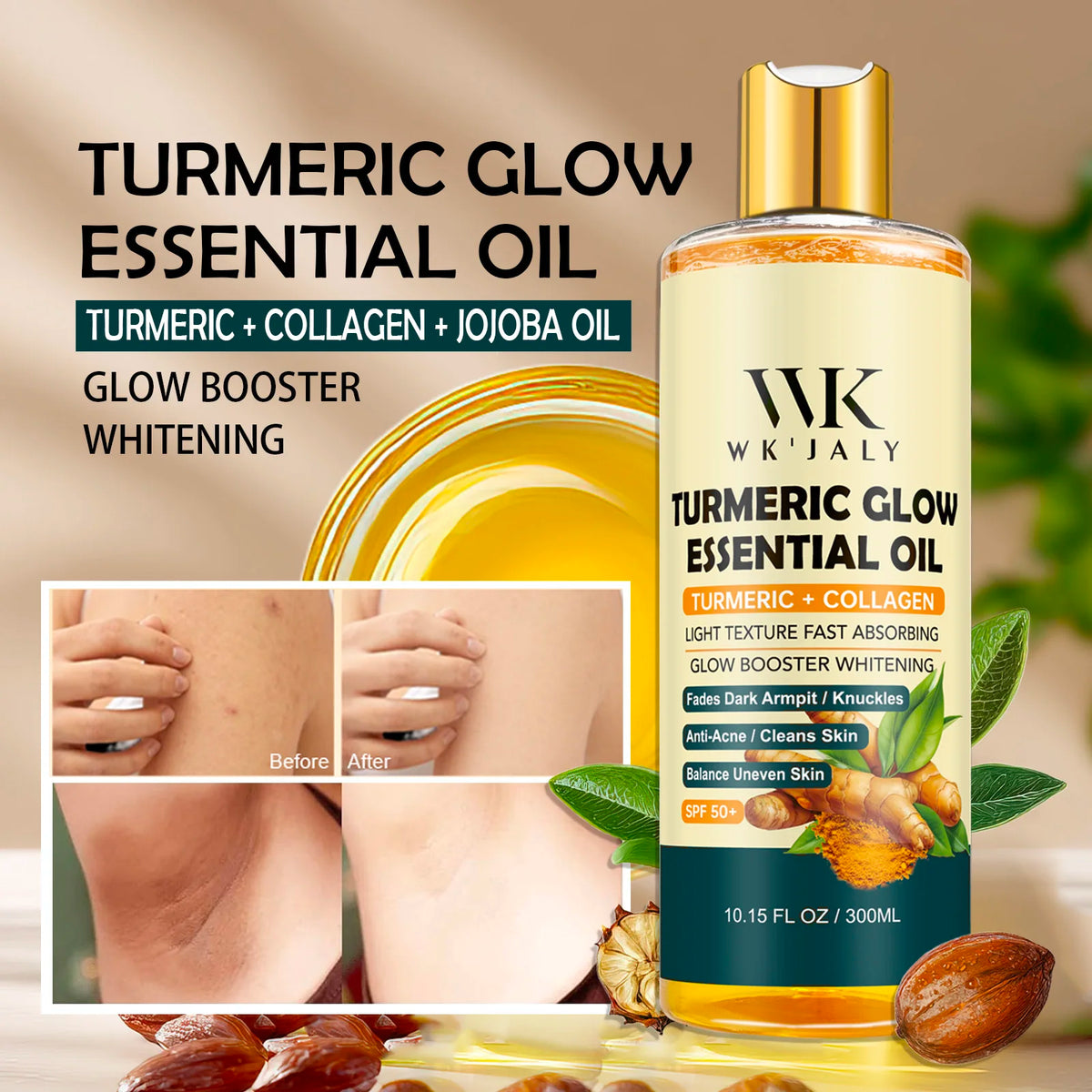 WK'JALY Turmeric Glow Oil – Collagen & Vitamin E, 300ml Body Glow Oil Qst