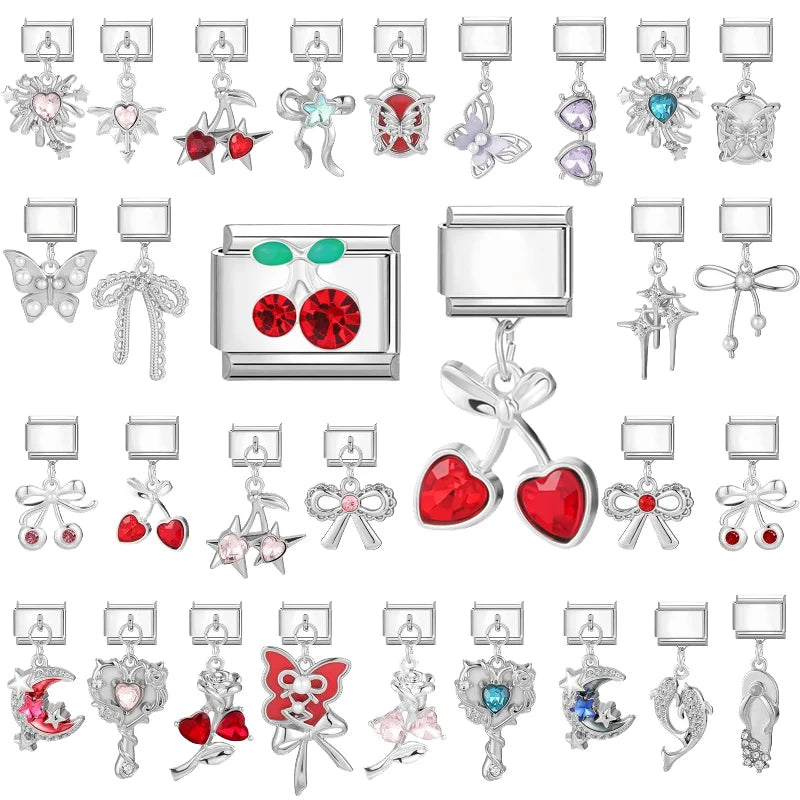 Shiny Zircon Red Cherry Bow Italian Charm – 41 Color Options Italian Charm Qme