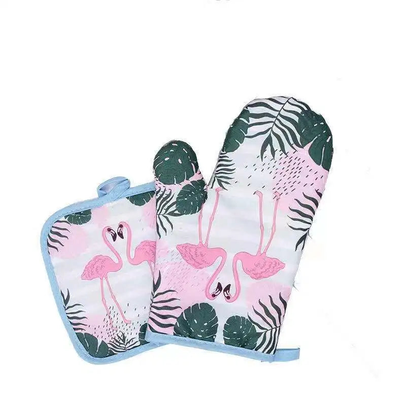 Flamingo Print Oven Mitts – Heat-Resistant Kitchen Gloves Oven Mitts Qme