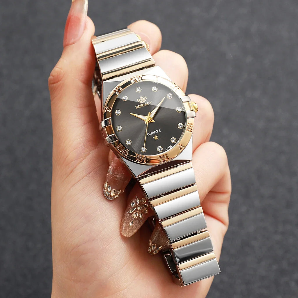 Two Tone Gold Silver Ladies Watch Rhinestone Dial Roman Bezel Ladies Dress Watch Qme