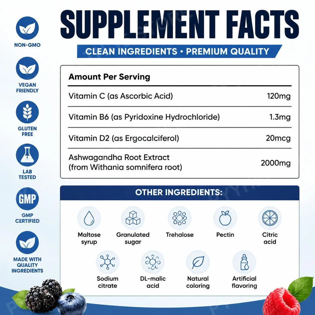 Ashwagandha Gummies Vitamin C B6 D2 Mixed Berry | 60 Count Herbal Supplement Gummies Qst
