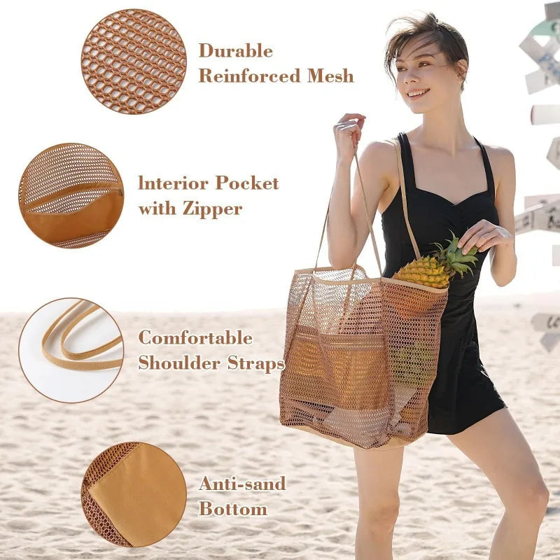 Expandable Mesh Beach Bag – Foldable Crossbody Tote for Women Mesh Beach Tote Qme