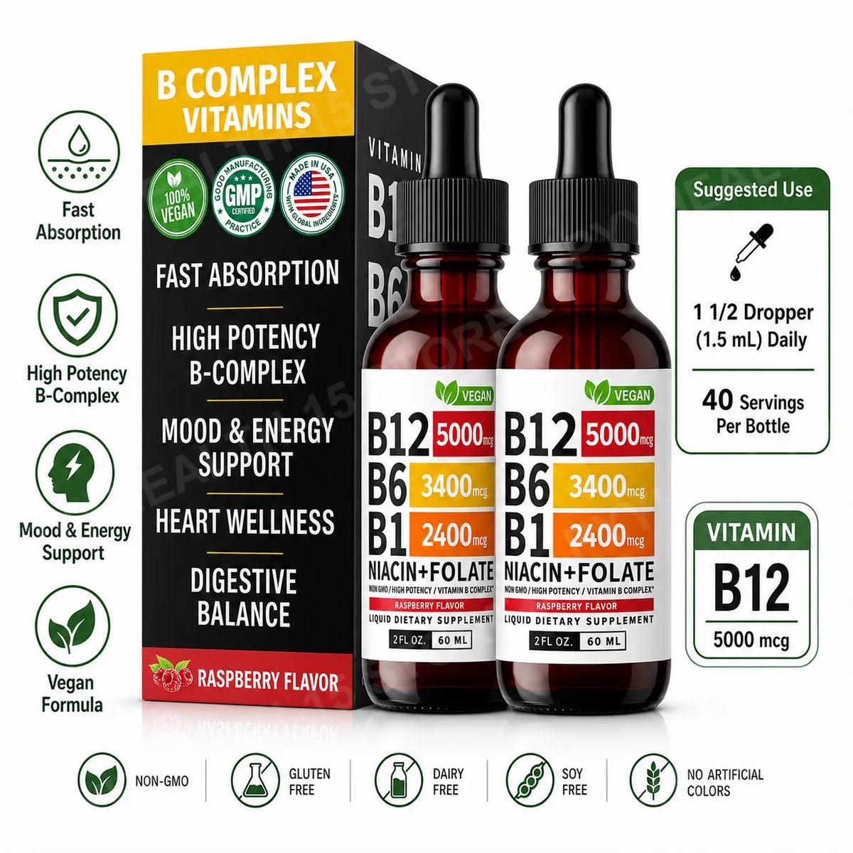 Vitamin B12 B6 B1 Liquid Drops 60ml – Vegan B Complex, 40 Servings Liquid Vitamin Supplement Qst