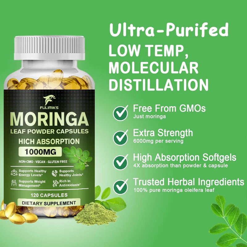Pure Moringa Leaf Powder Capsules – Non-GMO Superfood Supplement Herbal Supplement Qst