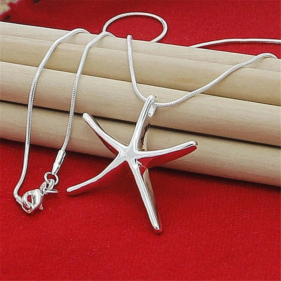 925 Sterling Silver Star & Starfish Charm Necklace | Qme Sterling Silver Necklace Qme