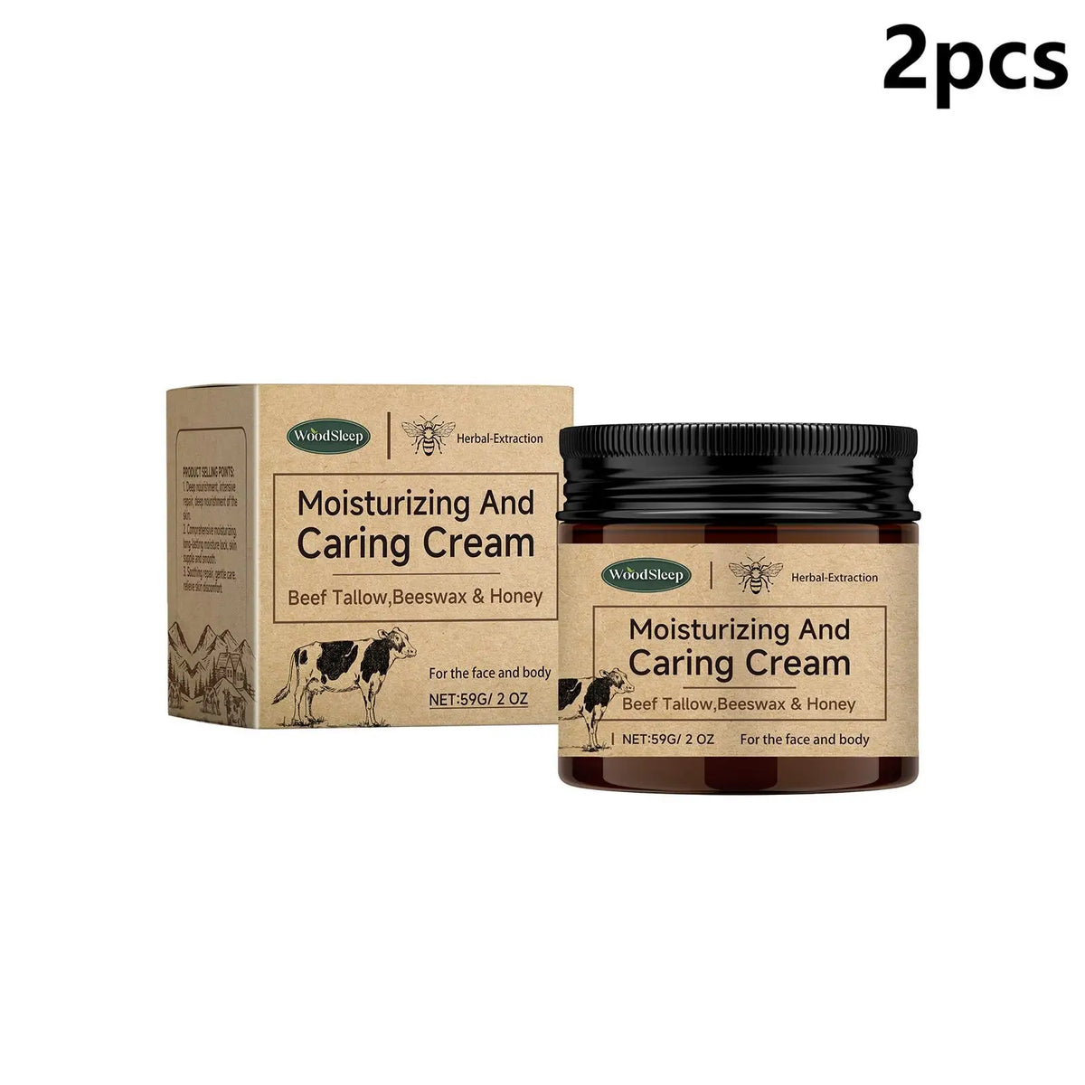 Woodsleep Beef Tallow Honey Beeswax Deep Moisture Body Cream Body Moisturizer Cream Qst 2pcs