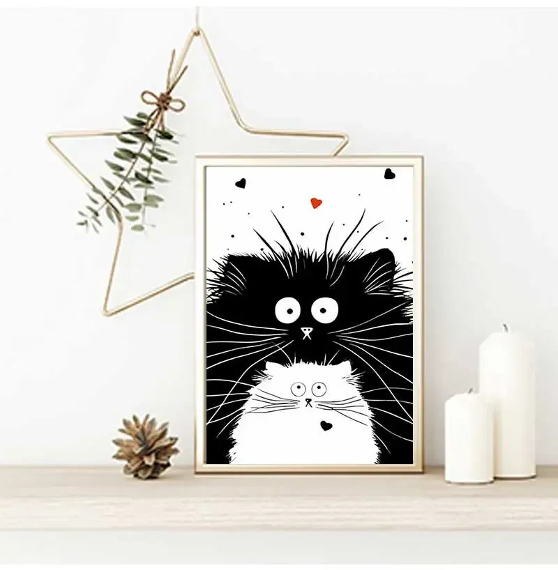 Black & White Cat Minimalist Canvas Wall Art Print Poster Canvas Wall Art Qst