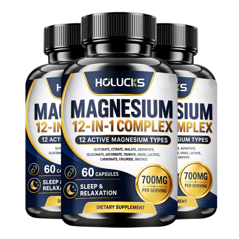 HOLUCKS 12-in-1 Magnesium Complex Capsules | Glycinate Citrate Magnesium Supplement Qst 60pcs - 3 BOX