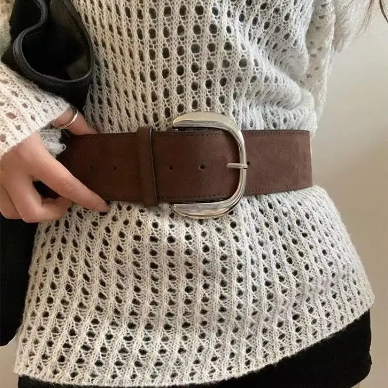 Women's Wide Faux Leather Belt – Vintage Y2K Pin Buckle Wide Fashion Belt Qst