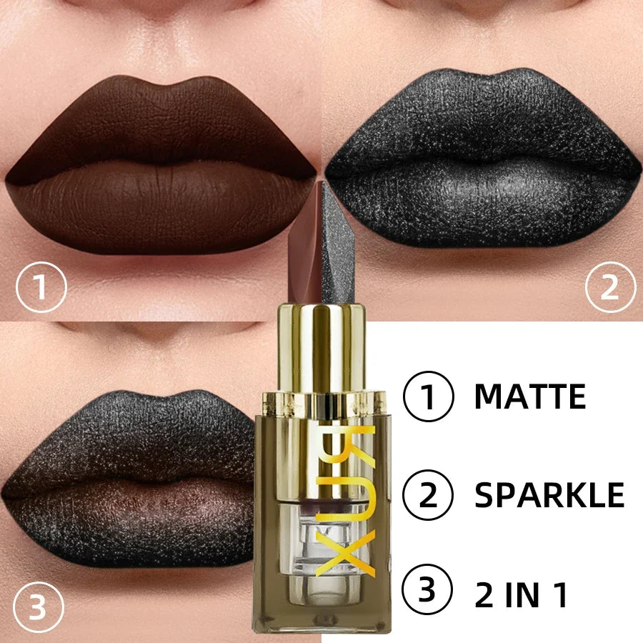Two Tone Waterproof Glitter & Matte Chocolate Red Lip Tint Lip Tint Lipstick Qme