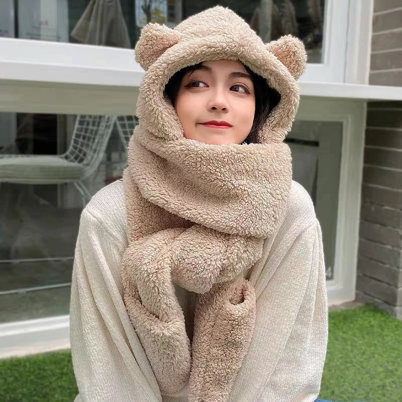 Cute Bear Ear Beanie Hat – Women's Plush Warm Winter Cap Winter Beanie Hat Qst Khaki