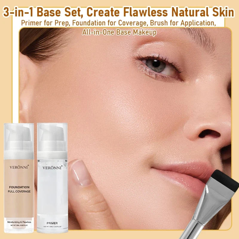 VERONNI Full Coverage Foundation & Hydrating Primer with Brush Foundation & Primer Kit Qme