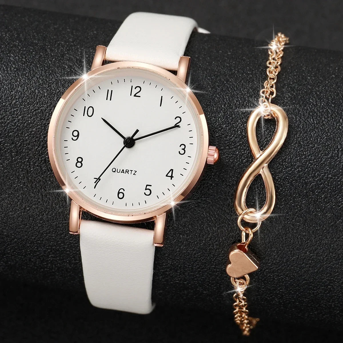 Infinity Heart Watch & Bracelet Set – Women's White Leather Quartz Watch Bracelet Set Qme