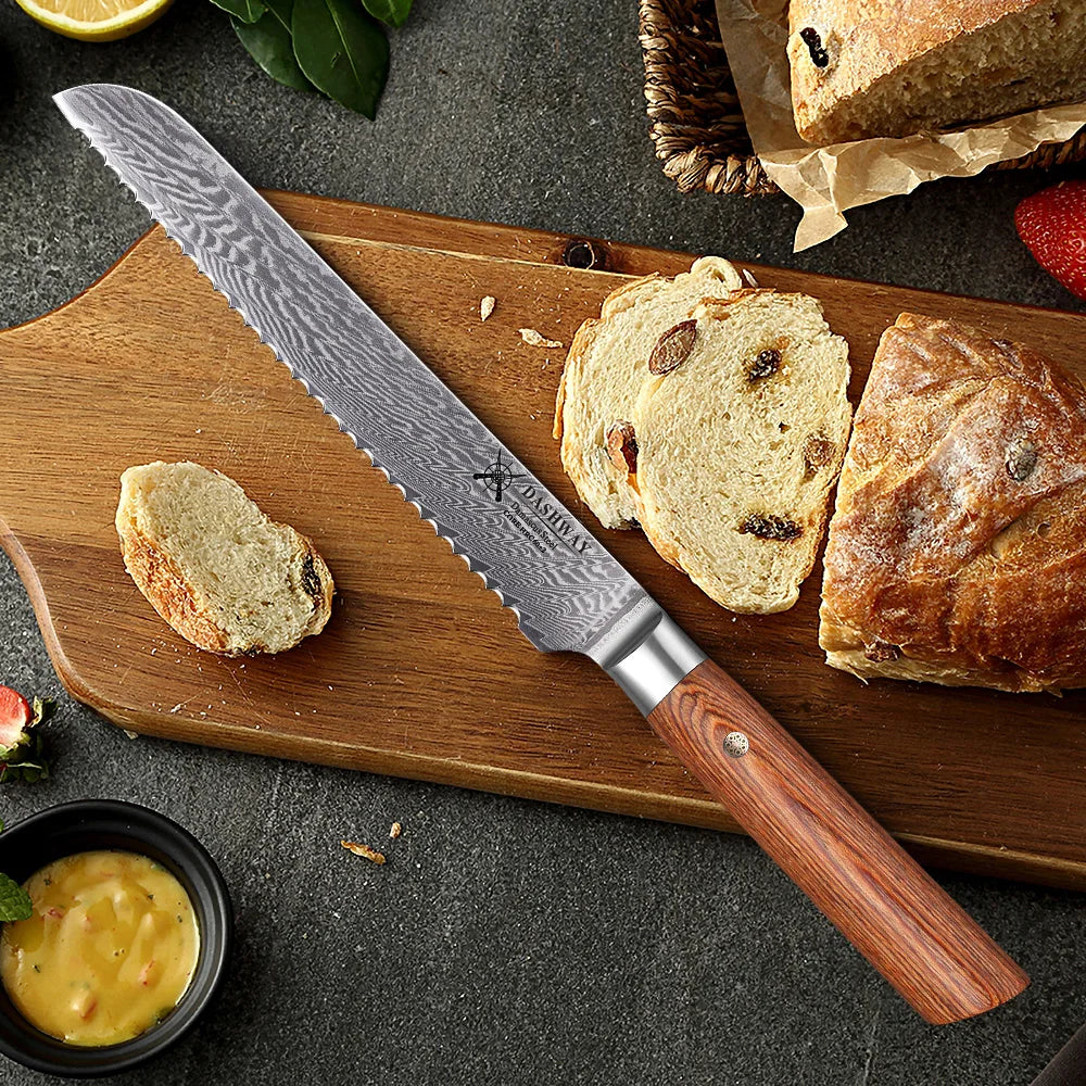 DASHWAY 7.5" Damascus Serrated Bread Knife – Pakkawood Handle Damascus Bread Knife Qst