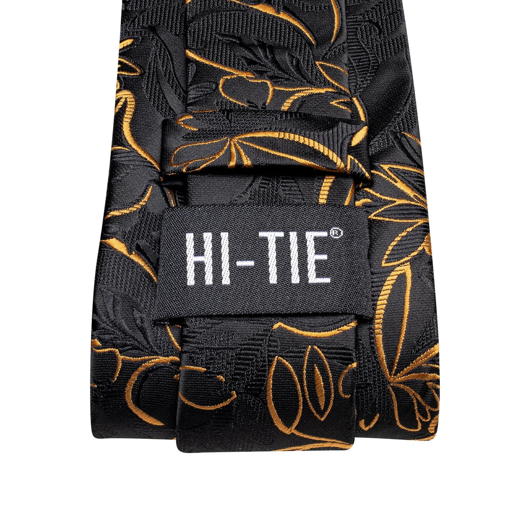 Hi-Tie Black Gold Floral Luxury Tie Set – Cufflinks & Handkerchief Luxury Necktie Set Qme